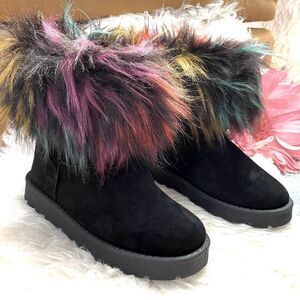 ROUGE HELIUM Colorful Faux Fur Black Suede Ankle Boots 7